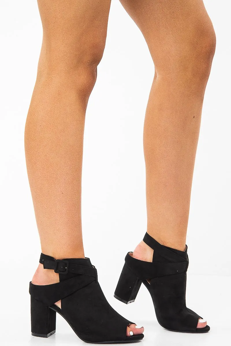 Black Faux Suede Open Toe Block Heels - Madeline