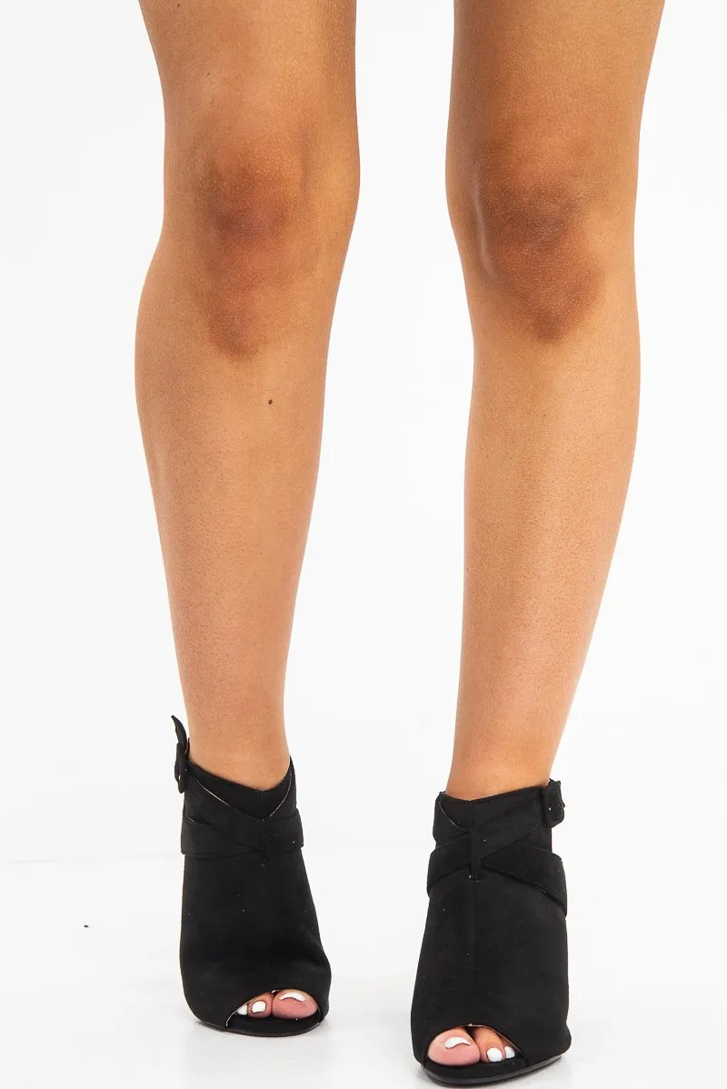Black Faux Suede Open Toe Block Heels - Madeline