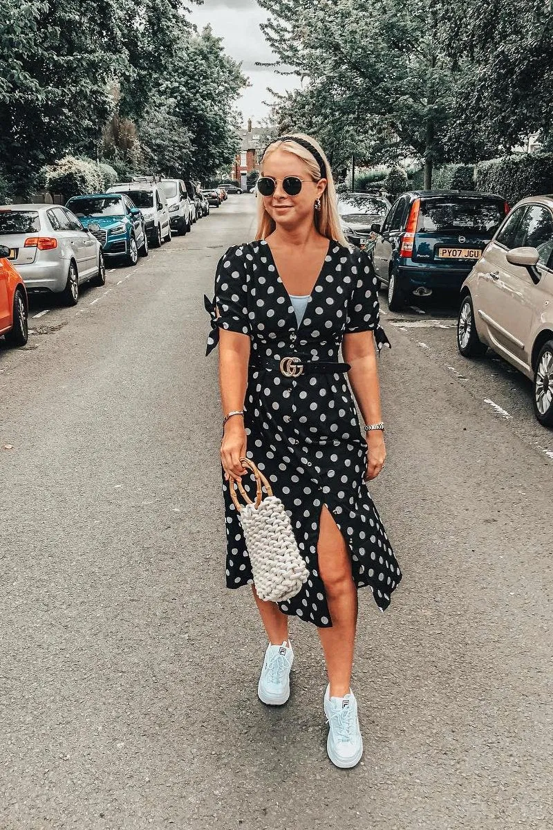 Black Polka Dot Button Front Midi Dress - Prima