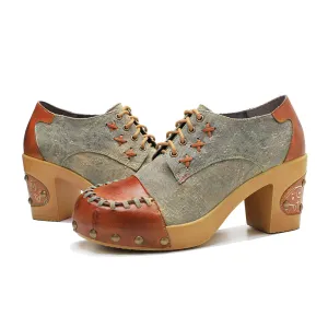 CrazycatZ Leather Pumps,Womens Colorful Vintage Block Heel Oxford Vintage Shoes Pumps 302