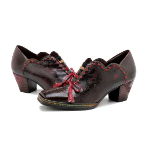 CrazycatZ Leather Pumps,Womens Colorful Vintage Block Heel Oxford Vintage Shoes Pumps Dark Red