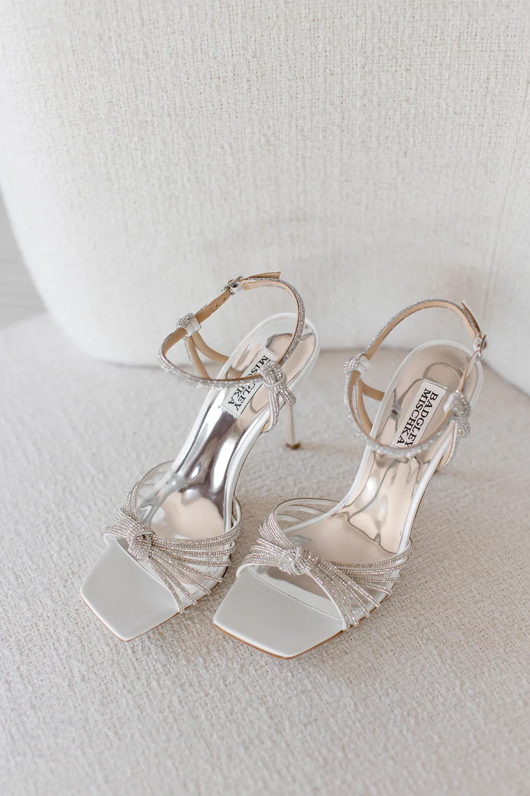 Estella - Strappy Crystal Square Toe Stiletto Heels - Soft White