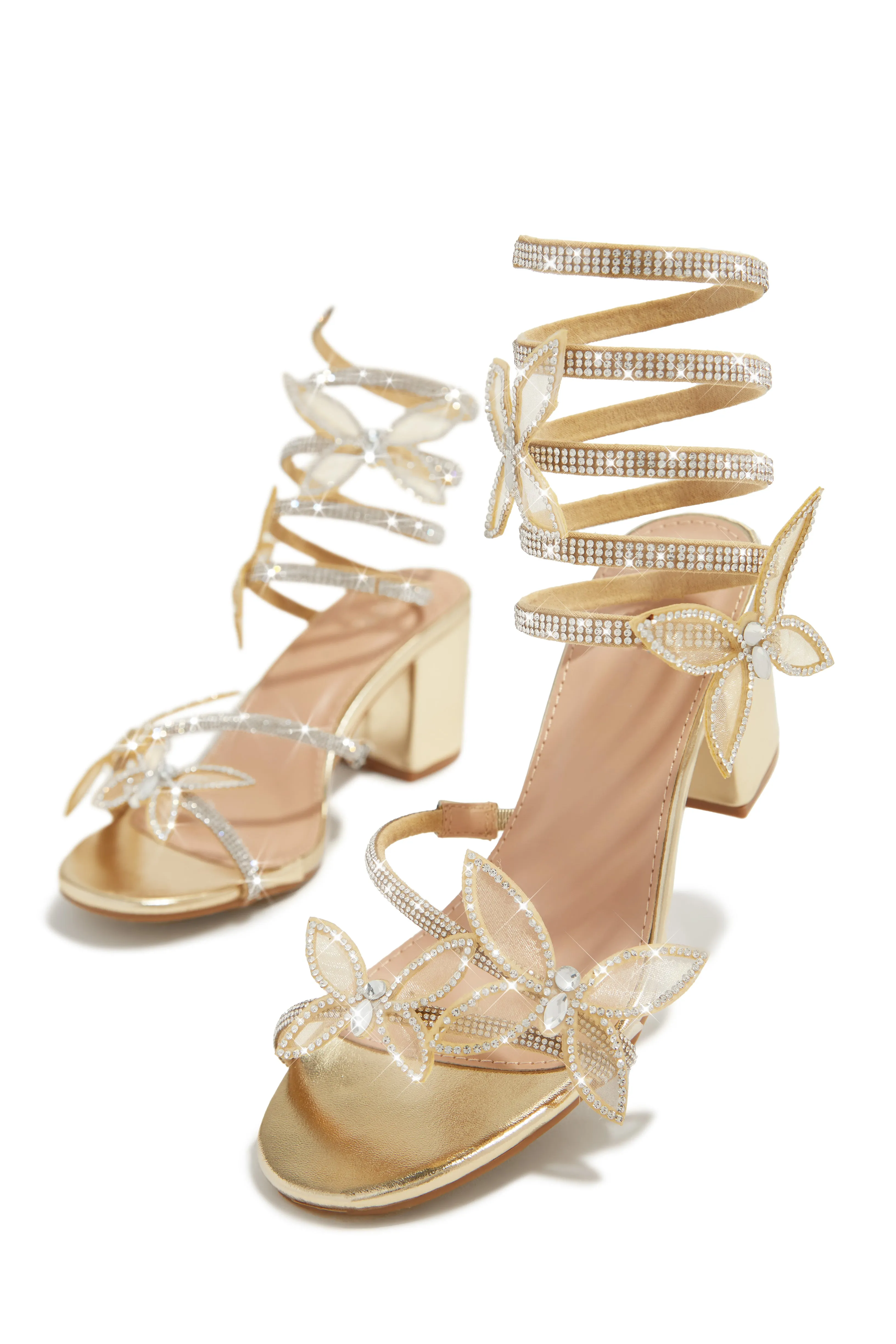 Fantasy Embellished Around The Ankle Coil Block Heels - Gold