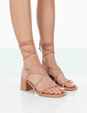Mabel Wide-Fit Nude PU Mid-Block Heeled Sandals with Ankle Tie