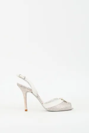 Silver & White Embossed Leather Peep Toe Pump