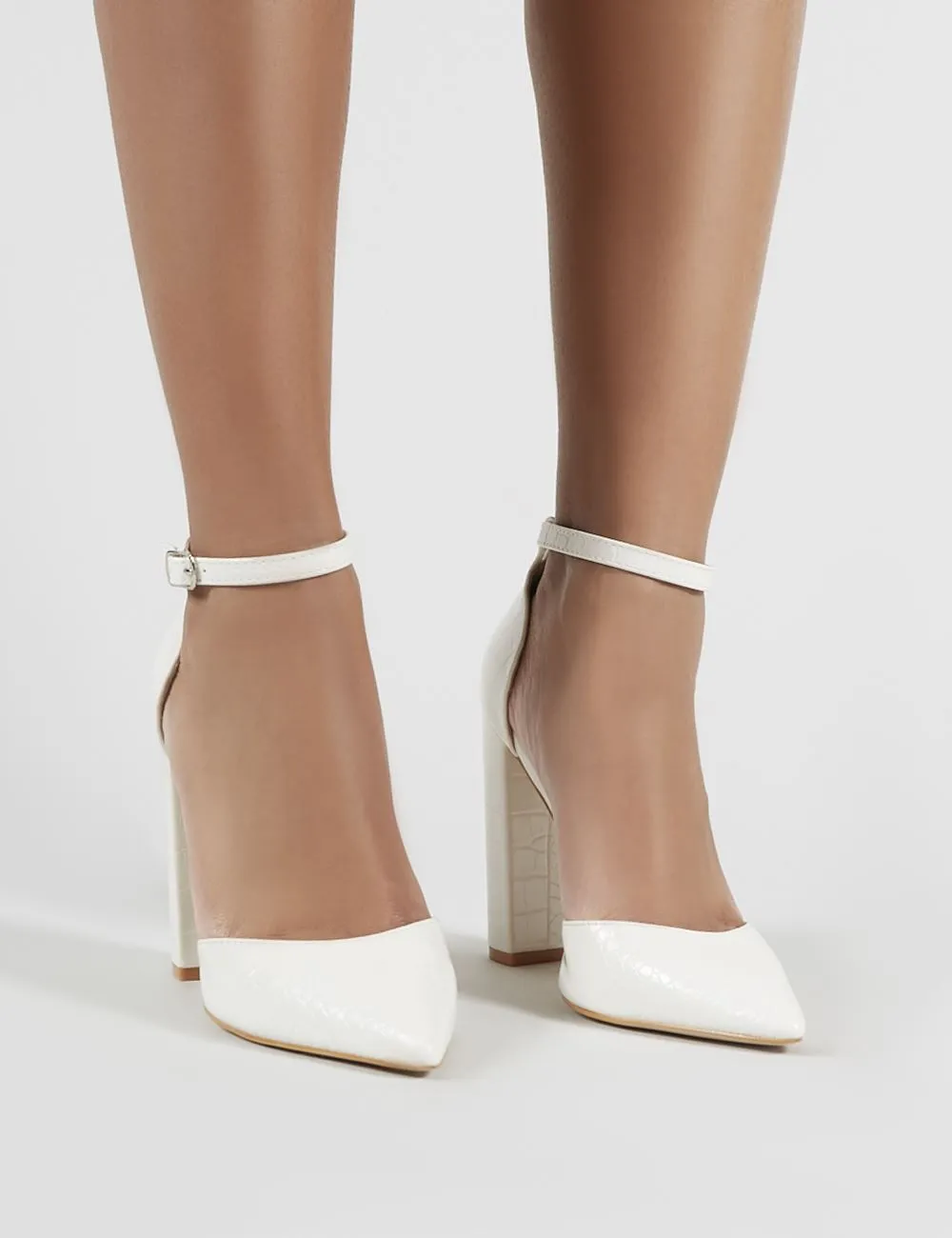 Sofia Pointed Block Heels in White Croc