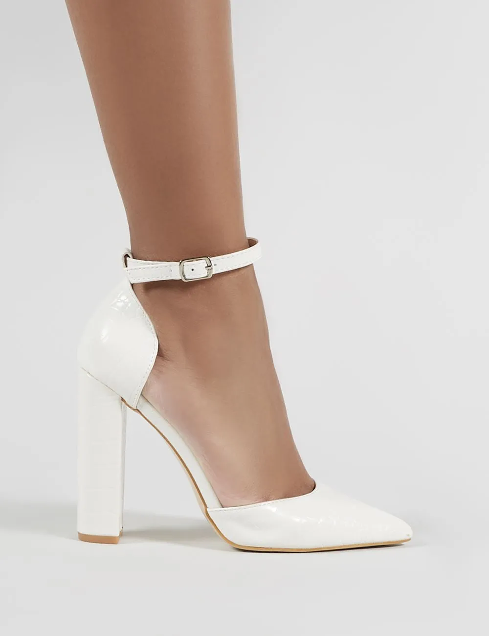 Sofia Pointed Block Heels in White Croc