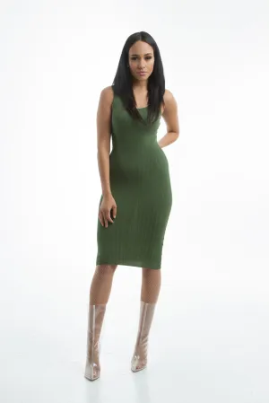 THE MYSTYLEMODE OLIVE KNIT RIBBED TANK MIDI DRESS